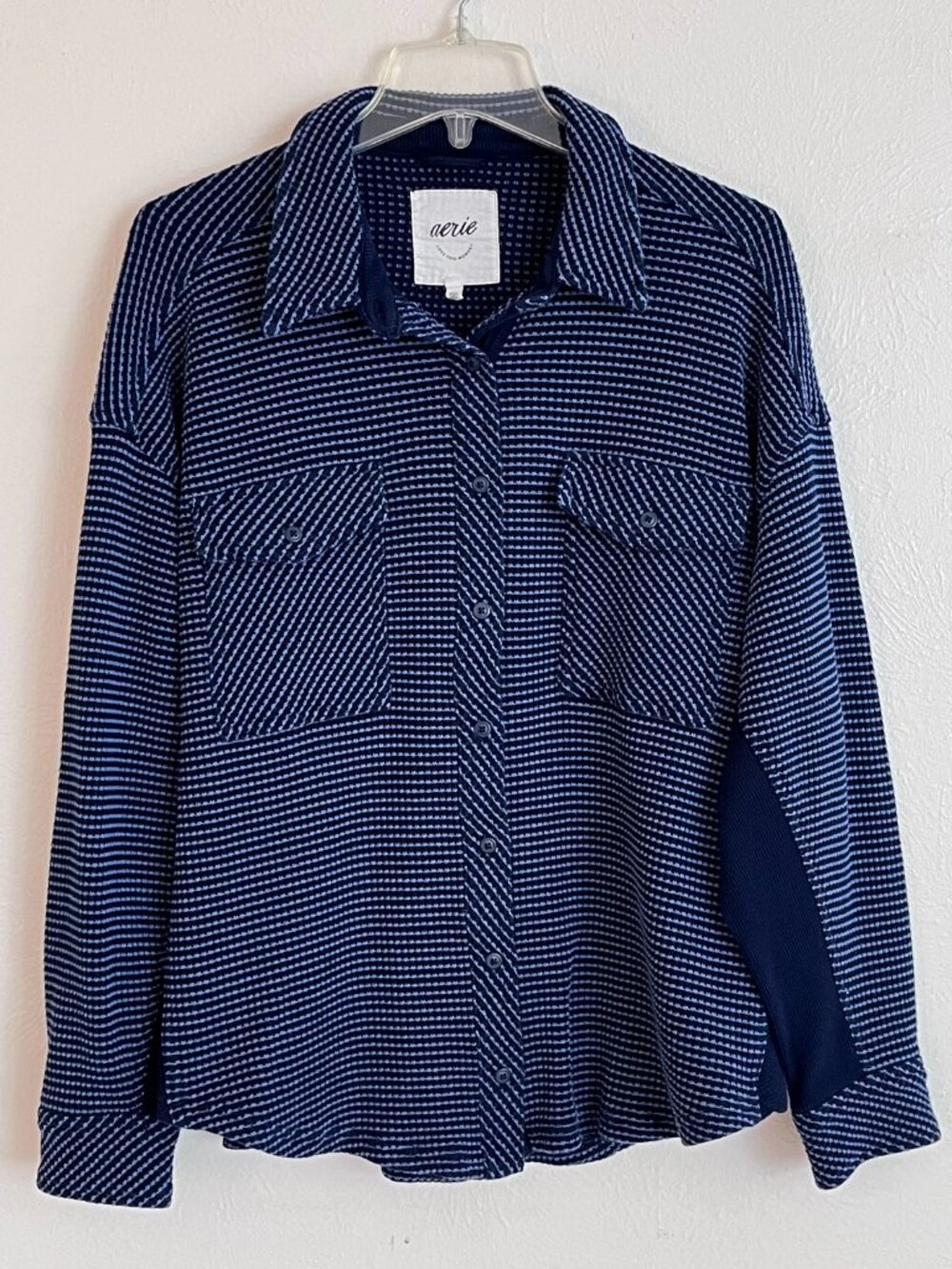Aerie Women's Lumber Jane Blue Waffle Knit Button Up Shirt Shacket M Oversized